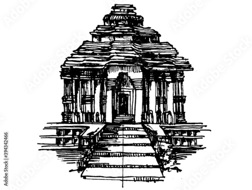 Konark Sun Tower dedicated to the Hindu sun god. Indian sun temple hand drawn sketch vector black and white illustration 
