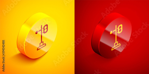 Isometric Train traffic light icon isolated on orange and red background. Traffic lights for the railway to regulate the movement of trains. Circle button. Vector.