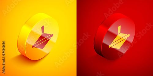 Isometric Whirligig toy icon isolated on orange and red background. Circle button. Vector.