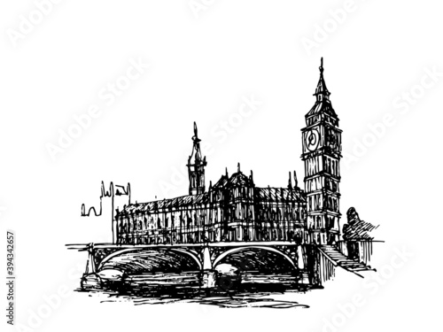 Houses of parliament and Big Ben Sketch.
freehand vector illustration on white background