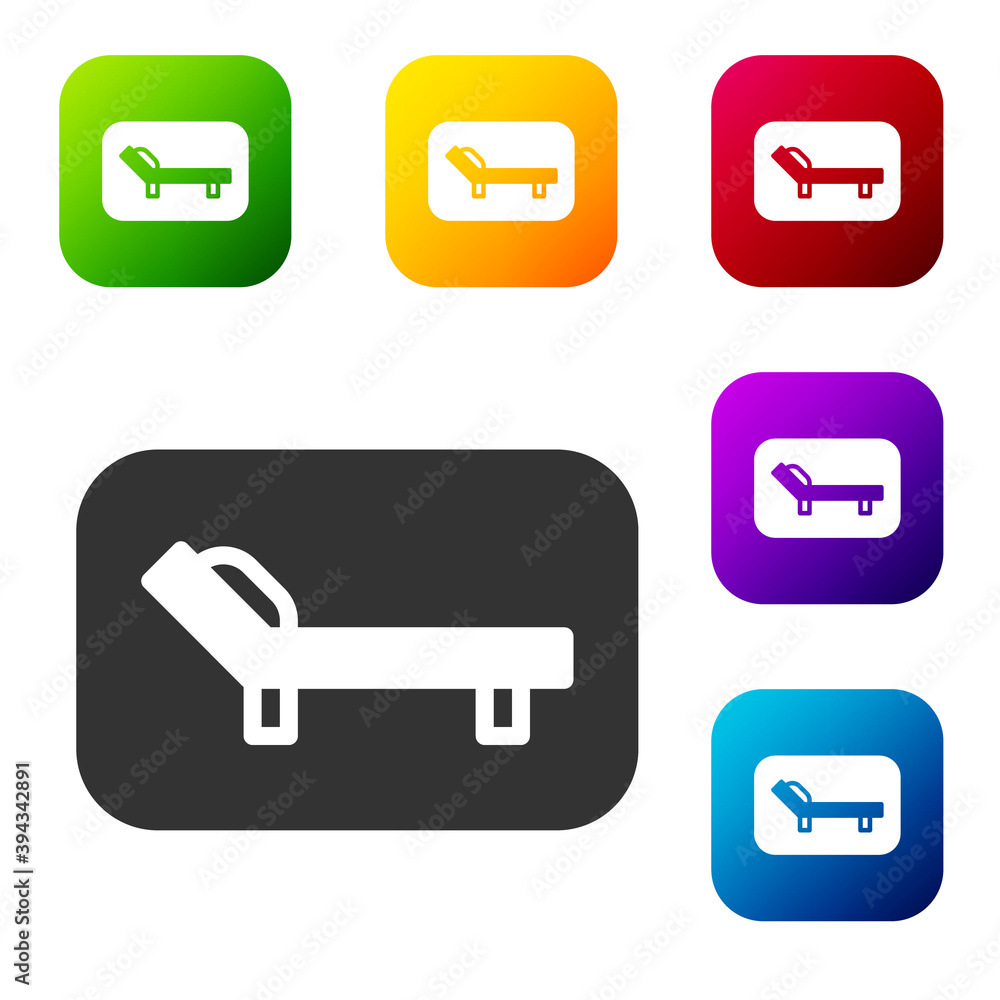 Black Sunbed icon isolated on white background. Sun lounger. Set icons in color square buttons. Vector. Black Sunbed icon isolated on white background. Sun lounger. Set icons in color square buttons. Vector.