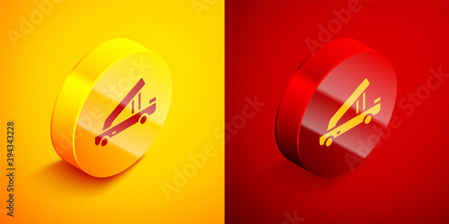 Isometric Passenger ladder for plane boarding icon isolated on orange and red background. Airport stair travel. Circle button. Vector.