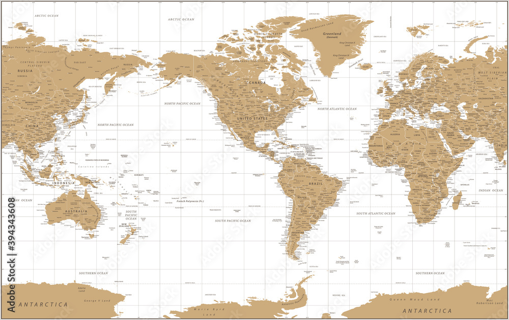 World Map - Political - American View - America in Center - Golden and White Color - Vector Detailed Illustration