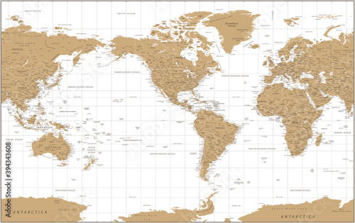 World Map - Political - American View - America in Center - Golden and White Color - Vector Detailed Illustration