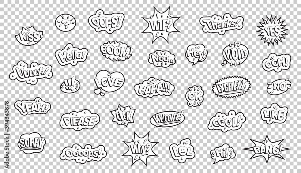 Fototapeta premium Black white comic style stickers. Slogans on a transparent background.