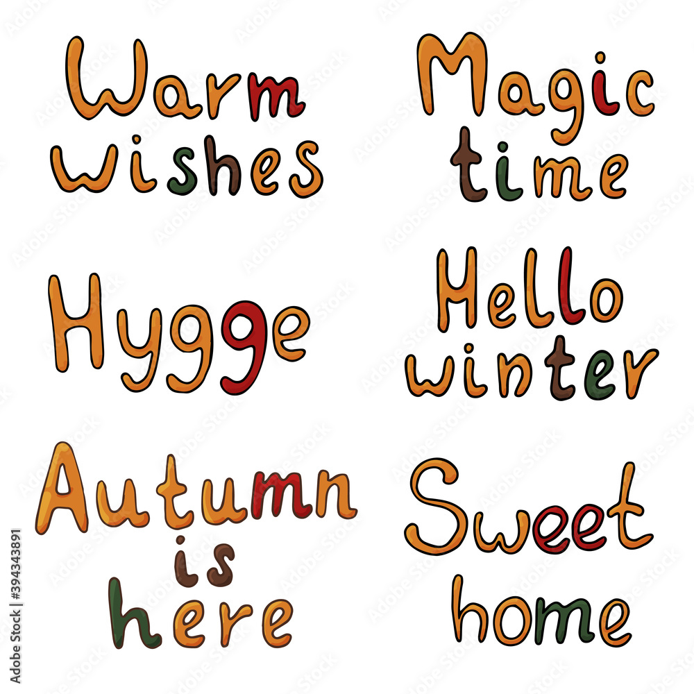 Fototapeta Cute vector hand drawn lettering set in doodle style. Sweet Home, magic time, warm wishes, hello winter, hygge, autumn is here. Isolated on white background.