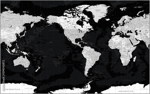 World Map - Political - American View - America in Center - Black and White C...