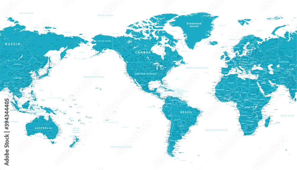 World Map - Political - American View - America in Center - Blue, Green and White Color - Vector Detailed Illustration
