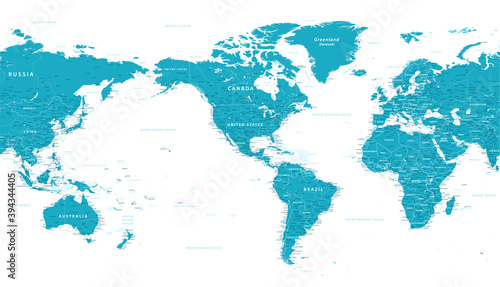World Map - Political - American View - America in Center - Blue  Green and White Color - Vector Detailed Illustration