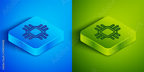 Isometric line Computer processor with microcircuits CPU icon isolated on blue and green background. Chip or cpu with circuit board. Micro processor. Square button. Vector.