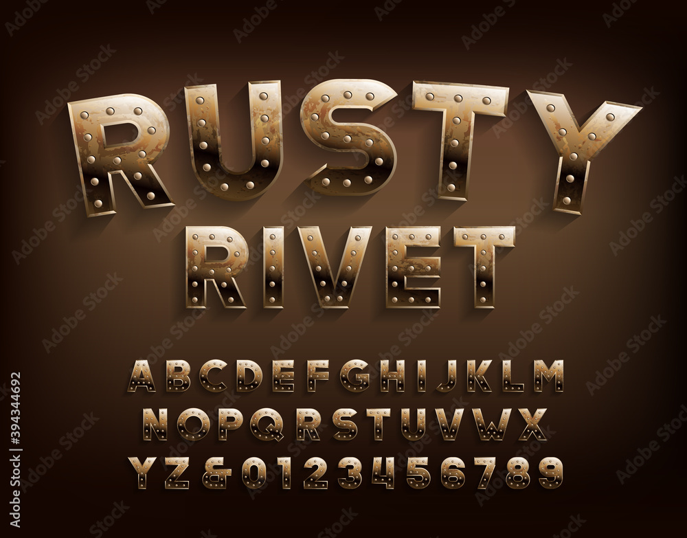 Rusty Rivets Numbers Rusty Rivet alphabet font. Damaged metallic letters and numbers with ...