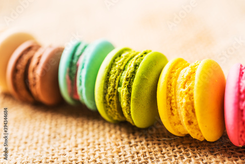 French colorful macarons background close up vintage tone