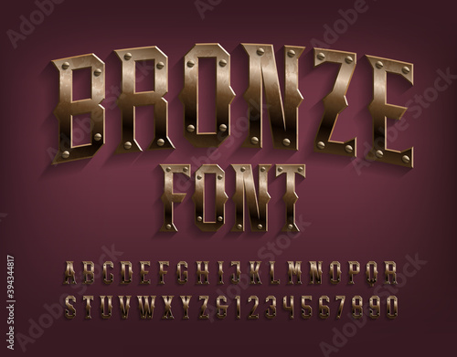 Bronze alphabet font. Beveled metallic letters and numbers with screws. Stock vector typescript for your design.