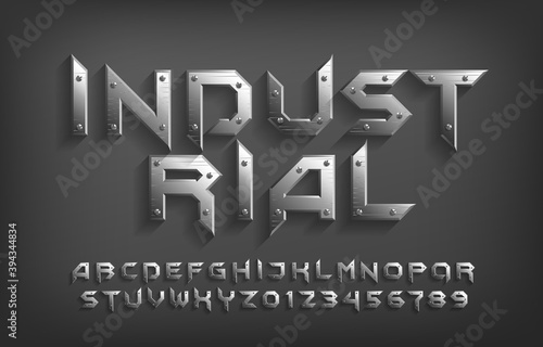 Industrial alphabet font. Metallic letters and numbers. Stock vector typeface for your design.