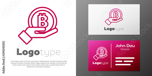 Logotype line Hand holding Bitcoin icon isolated on white background. Blockchain technology, digital money market, cryptocoin wallet. Logo design template element. Vector.