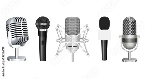 Set of realistic microphones. Reporter and studio mic equipment