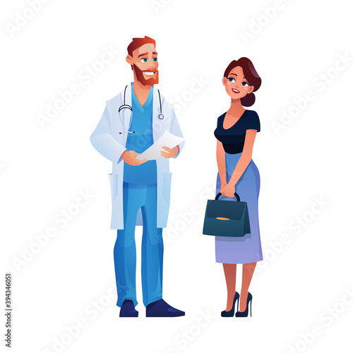 Doctor talking with woman, consultation and discussion of illness history and disease. Vector therapist practitioner reports news about person health. Diagnosis and consultation, dialogue with patient