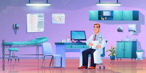 Doctor with stethoscope at workplace, modern medical furniture in general practitioner room cabinet. Vector smiling doctor physician with stethoscope sitting on chair, stationery computer on table
