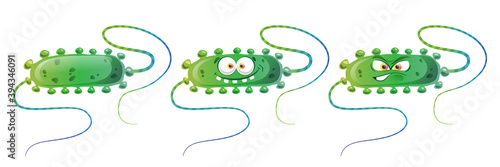 Bacteria virus funny and angry isolated cartoon germ green microbe with tentacles. Vector smiling monster emoticon, kids or children bacterial infection character with eyes and back view