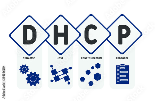 DHCP - Dynamic Host Configuration Protocol acronym, business   concept. word lettering typography design illustration with line icons and ornaments.  Internet web site promotion concept vector layout.