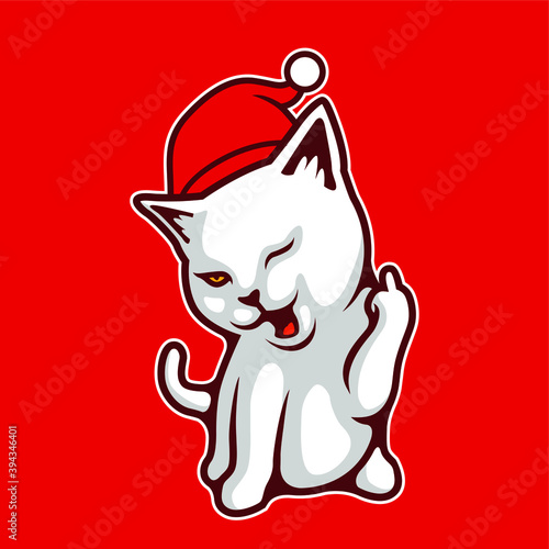 Smile Cat Kitten Cute Beautiful With Santa Claus xmas Red Hat Showing Fuck You Sign -  Vector