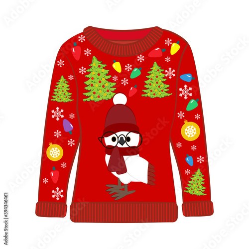 Christmas ugly sweater with owl in christmas costume vector illustration