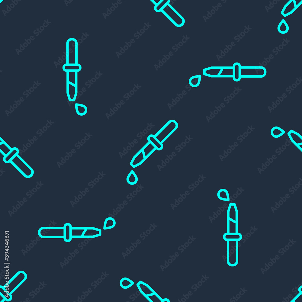 Green line Pipette icon isolated seamless pattern on blue background. Element of medical, chemistry lab equipment. Pipette with drop. Medicine symbol. Vector. Green line Pipette icon isolated seamless pattern on blue background. Element of medical, chemistry lab equipment. Pipette with drop. Medicine symbol. Vector.