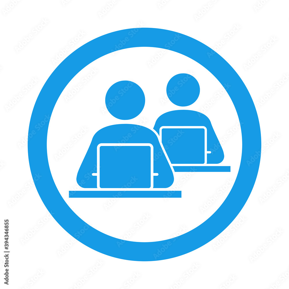 Lugar de trabajo. Icono plano con hombres trabajando en oficina con ordenadores en círculo en color azul Lugar de trabajo. Icono plano con hombres trabajando en oficina con ordenadores en círculo en color azul