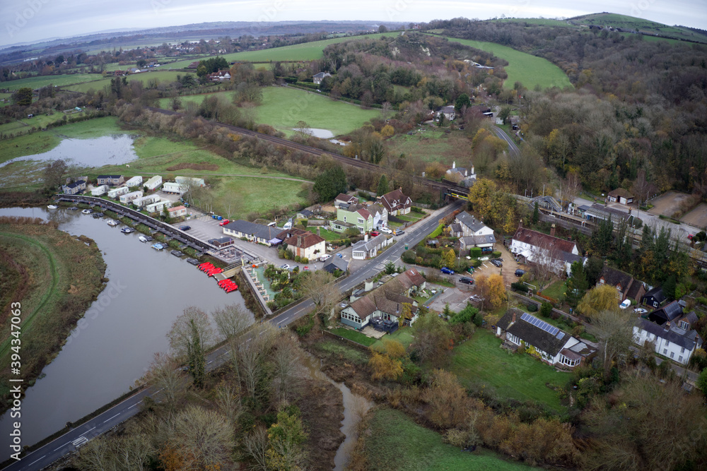 Aerial view of Amberley on the River Arun situated in a beautiful valley between the South Downs. 