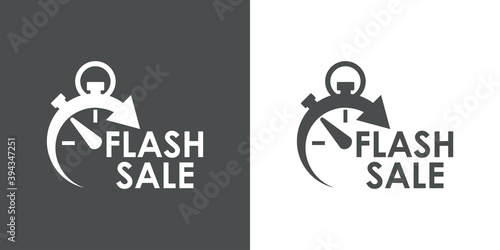 Logotipo con texto Flash Sale en cronómetro con flecha en fondo gris y fondo blanco