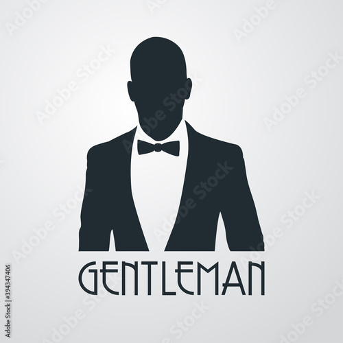 Logotipo con texto GENTLEMAN con hombre con esmoquin en fondo gris