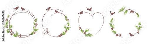 Winter frames, sketch wreath, christmas backgrounds. Set vector design elements. Fir branches with cone and birds.