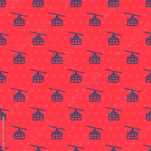 Blue line Cable car icon isolated seamless pattern on red background. Funicular sign. Vector.