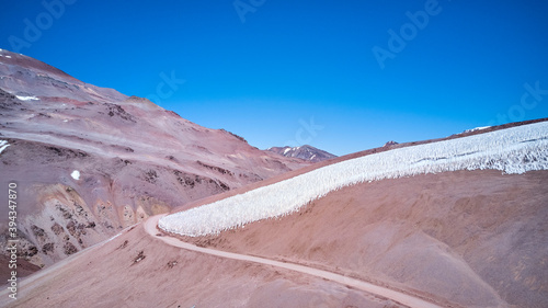 Cuadro en lienzo aerial of Penitentes in a dry and arid desolation in the high andes mountains at the Agua Negra pass, with colorful mountains and rocks