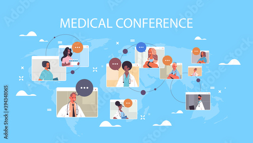 team of mix race doctors in web browser windows discussing during video conference medicine healthcare concept world map background horizontal portrait vector illustration