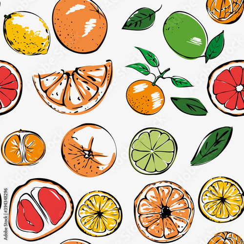 Seamless bright vector pattern of colored citrus fruits on a white background. For fabric, cover, and background.