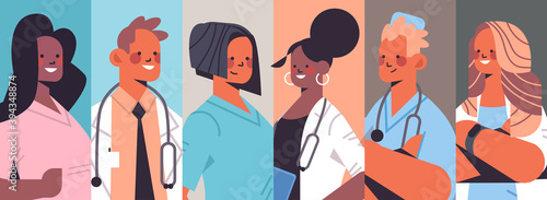 set mix race doctors avatars men women medical workers collection medicine healthcare concept horizontal portrait vector illustration