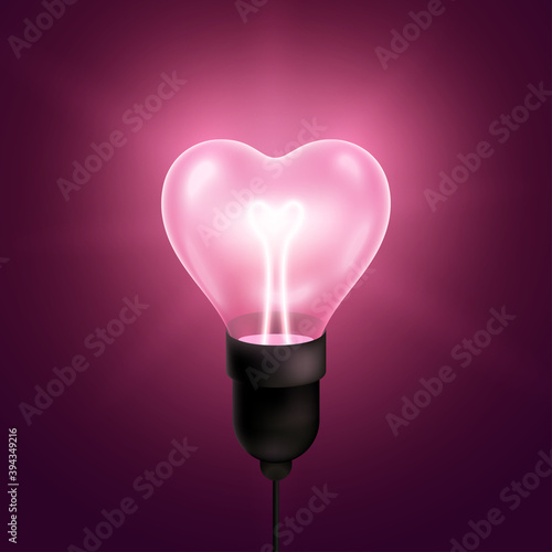 Pink light bulb heart shaped with wire and filament. Vector illustration. Happy Valentines day technology poster with realistic glowing lamp.