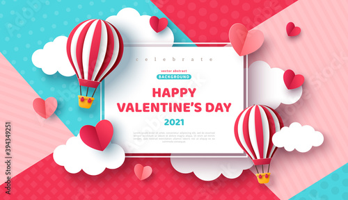 Air balloon and paper cut clouds and heart with square frame on geometric pattern background. Kids birthday party invitation design. Place for text. Happy Valentines day sale brochure template