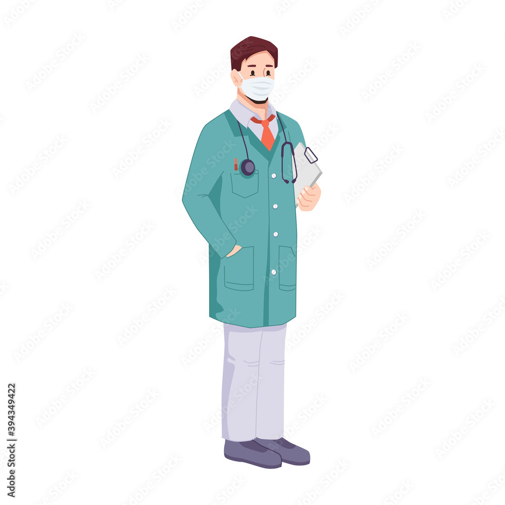 Doctor wearing protective mask holding documents. Surgeon with stethoscope. Isolated general practitioner or family doc. Professional care and treatment. Cartoon character, vector in flat style Doctor wearing protective mask holding documents. Surgeon with stethoscope. Isolated general practitioner or family doc. Professional care and treatment. Cartoon character, vector in flat style