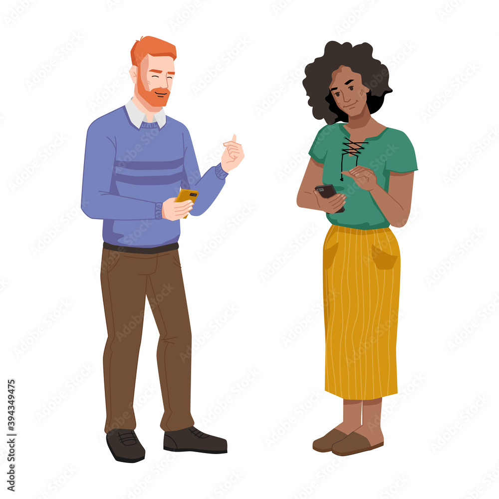 Man and woman with smartphones isolated people chatting, reading or watching videos on mobile phones. Vector people with cellphones, redhead guy and afro american girl. Couple communicating by phones Man and woman with smartphones isolated people chatting, reading or watching videos on mobile phones. Vector people with cellphones, redhead guy and afro american girl. Couple communicating by phones