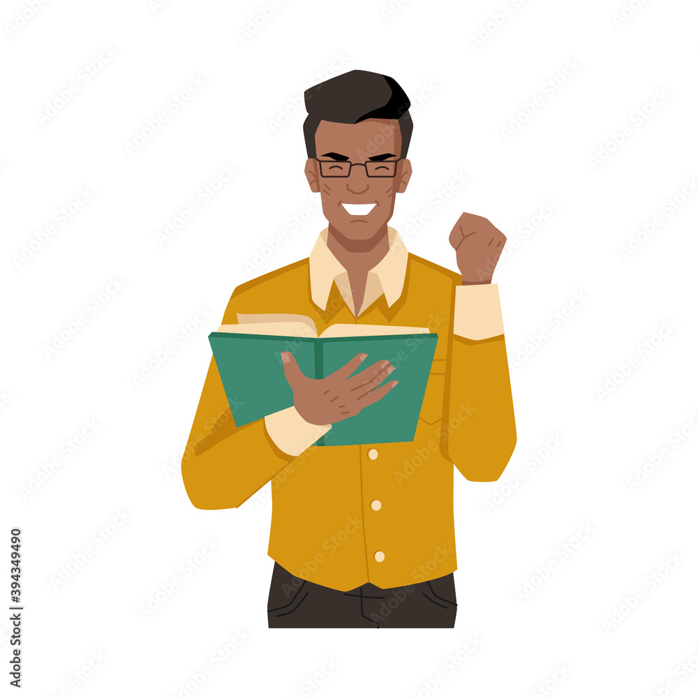 Φωτογραφία Man enjoys reading book isolated afro american flat cartoon character feeling with novel or poetry