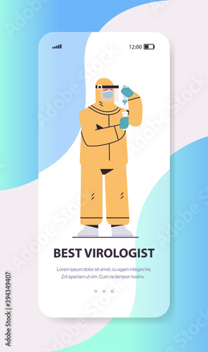 scientist developing new vaccine in lab researcher in protective suit holding syringe injection vaccine development best virologist concept smartphone screen vertical full length vector illustration