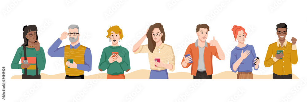 People use smartphones with different emotions, internet addiction, happiness and sadness, multinational man and woman showing feelings. Vector characters spend leisure time browsing or chatting People use smartphones with different emotions, internet addiction, happiness and sadness, multinational man and woman showing feelings. Vector characters spend leisure time browsing or chatting
