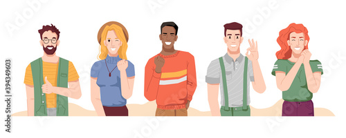 Excited men and women with cheerful facial expressions showing gesture and emotions. Caucasian and afro american male happy or pleased. Victory and satisfaction. Cartoon character, vector in flat