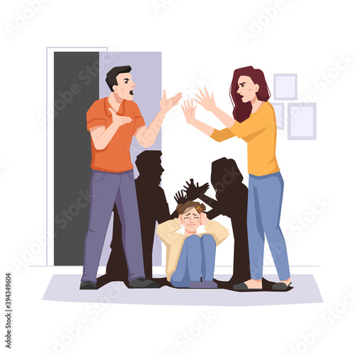 Parents swear, child closes ears and afraid of noise. Vector family conflict, quarreling mother and father, stress for son or daughter. Couple divorce, arguing mother and father, upset troubled kid