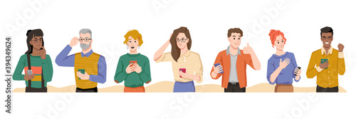 People use smartphones with different emotions, internet addiction, happiness and sadness, multinational man and woman showing feelings. Vector characters spend leisure time browsing or chatting