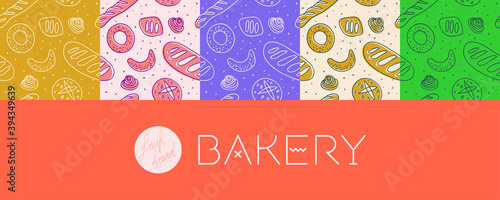 Bakery shop background with hand drawn vector illustration. Cooking courses pattern. Multicolor bakery seamless pattern for pastry bread label design, bakeshop packaging, culinary blog, branding cafe.
