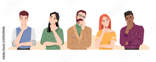Puzzled people wondering or thinking, planning or pondering. Men and women full of thoughts, holding hand by chin. Confused males and females isolated. Cartoon character, vector in flat style photo