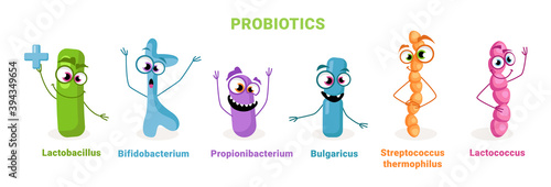 Positive probiotic bacterium microscopic cells set isolated. Vector smiling emoticons, propionibacterium, lactobacillus and bifidobacterium, thermophilus and bulgaricus, streptococcus microorganisms photo